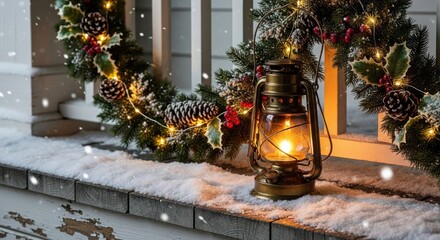 Warm Lantern Glow on a Snowy Christmas Porch