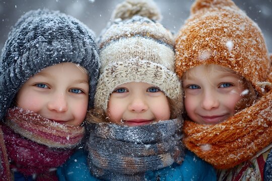 Herzerw&auml;rmendes Winterportr&auml;t dreier lachender Kinder im Schnee
