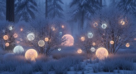 Magical winter night with luminous spheres in snow