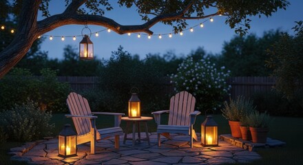 Relaxing outdoor patio lit by string and lantern lights
