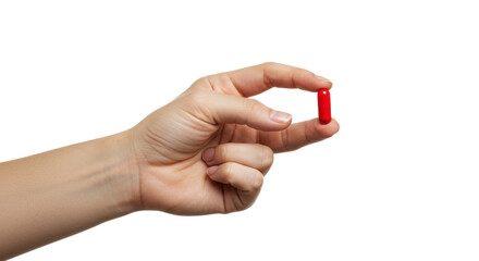Fair-skinned, youthful hand precisely gripping a glossy red pharmaceutical capsule, macro close-up on a transparent background with strong negative space. Concept for clinical pharmaceutical integrity