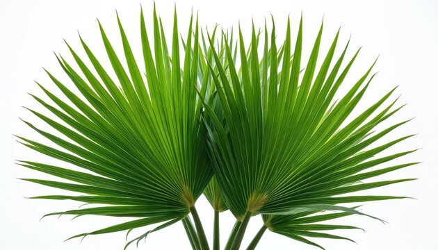 Two vibrant green saw palmetto leaves fan out against a clean white background. The detailed veins and sharp tips create a natural pattern. This botanical detail evokes tropical freshness.