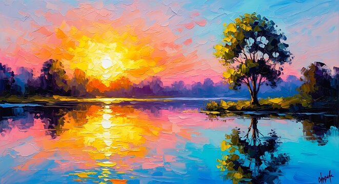 Colorful sunset painting with trees and water reflections peaceful scene - Powered by Adobe
