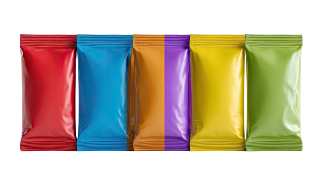 Row of colorful foil packets on black