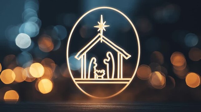 Modern Christmas background featuring a nativity icon in a soft glowing circle. Minimalist, festive, and elegant scene perfect for holiday cards or seasonal graphics.
