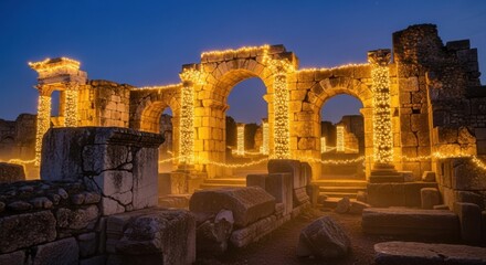 Enchanted Ancient Ruins Sparkling with Golden Lights