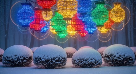 Bright Lanterns Illuminate a Magical Snowy Garden Scene