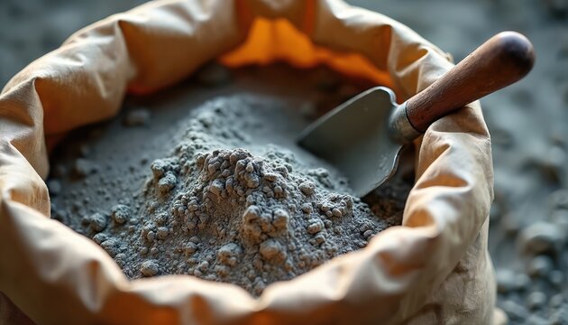 Grey cement powder in burlap sack with wooden trowel. Construction material texture close-up. Industrial setting, raw ingredients preparation for building projects. Suitable for architecture design,