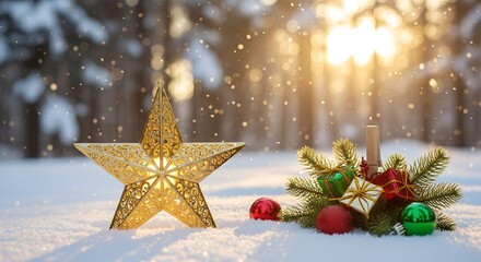 Warm glowing golden star lantern on snowy forest background with pine branches and colorful Christmas ornaments in soft winter light