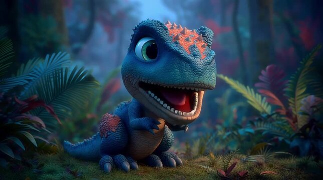 3D Cartoon T Rex in Colorful Prehistoric Scene for Cute Stylized Dinosaur Character