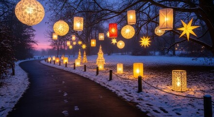 Enchanting Winter Night Walk Under Hanging Lanterns
