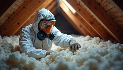 Pest control expert inspects attic for infestation. Specialist wears protective suit respirator. Home maintenance worker investigates building structure. Pro examines insulation for insects.