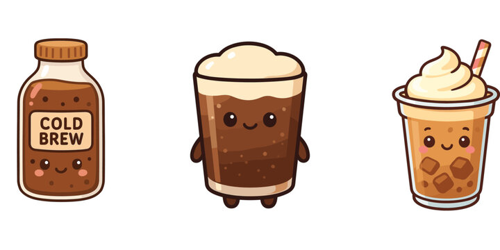 Ilustrasi espresso botol dan bubble tea karamel karakter lucu**