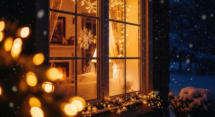 Warm Glow of Holiday Lights on a Snowy Evening