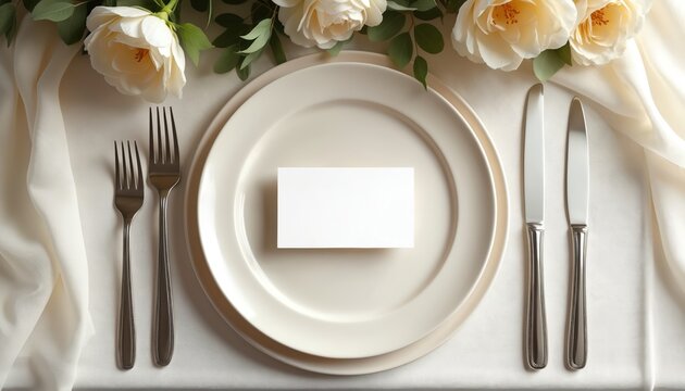 Elegant table setting for wedding celebration. White plate with blank card napkin flowers cutlery. Perfect mockup for event branding dinner or menu design. - Powered by Adobe