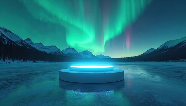 Product display pedestal on frozen lake reflects glowing aurora borealis in snowy mountain forest. Futuristic presentation background for new tech gadgets, eco products, or winter travel destinations. - Powered by Adobe