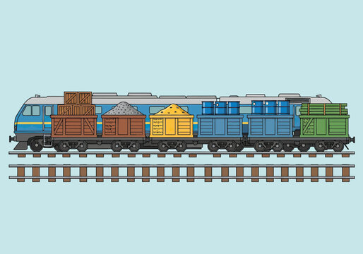 Freight train with cargo wagons on tracks side view.