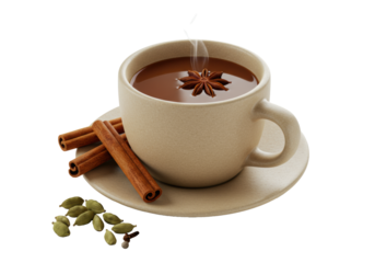 rustic beige ceramic cup of steaming, dark amber masala chai garnished with star anise, surrounded by spices on a stark white background. Concept for aromatic beverage advertising