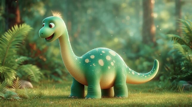 3D Cartoon Brontosaurus in Colorful Landscape for Cute Dinosaur Character Illustration