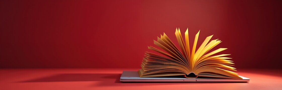 Open book lying on closed silver laptop on red background. Book pages fanned out and slightly curled. Laptop shadow falls on the red surface. Open book on laptop keyboard.