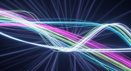 Vibrant neon light trails dance across a dark background, creating a modern and dynamic abstract design perfect for tech and futuristic themes