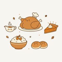 Thanksgiving Dinner Icons
“Cute doodle-style Thanksgiving dinner items — turkey, gravy boat, mashed potatoes, pie slice, bread rolls — simple minimal line art.”