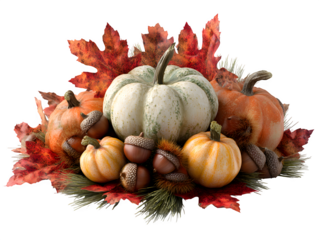 Autumnal bounty of pumpkins, acorns, and red leaves creates a warm, inviting feeling perfect for Thanksgiving or fall harvest celebrations, vibrant colors.