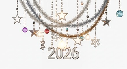 New Year 2026 festive decorations featuring silver tinsel, stars, snowflakes, and colorful ornaments on a clean white background.