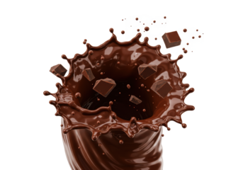voluminous, glossy, dark chocolate liquid splashing and swirling violently into a vortex shape with matte solid shards ejected outwards, isolated on transparent studio background concept for luxurious