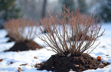 Bare plant branches emerge from soil mound covered in snow. Another similar plant is blurred in background. Winter garden preparation is evident.