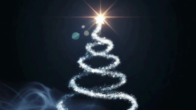 Abstract christmas tree shape made of sparkling white light trails and a bright star on a dark background