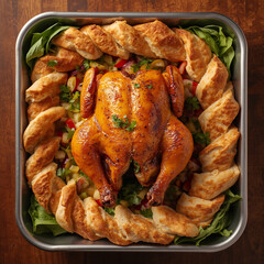 Perfectly roasted golden chicken, surrounded neatly by fresh colorful salads and traditional Egyptian baladi bread