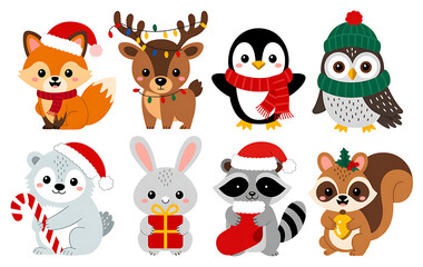 Obraz premium Set of eight cartoon animals with Santa hats and gifts