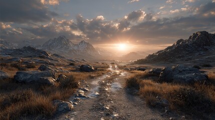 Sunset hiking trail across open tundra with rocky terrain and distant snow capped mountains scenic wilderness landscape background for travel adventure and nature concepts