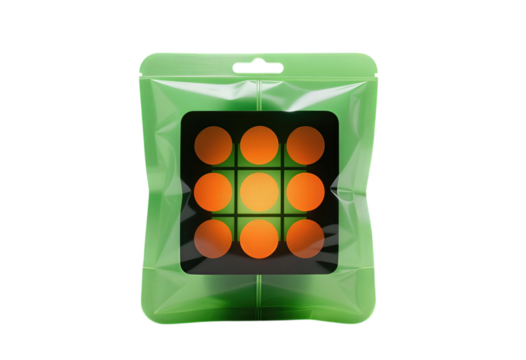 Green plastic package with nine orange spheres inside