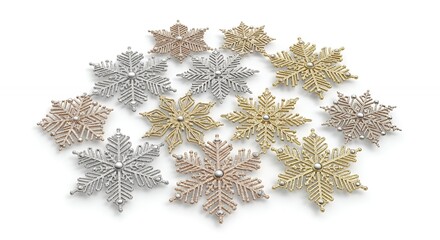 Sparkling Metallic Snowflake Ornaments: Silver, Gold & Rose Gold Winter & Christmas Decorations on White Background