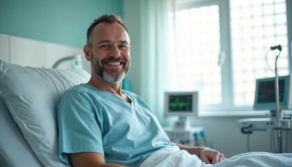 Smiling male patient sits up in hospital bed. Recovers from illness, feels positive about health. Modern medical tech monitors vital signs, showing progress. Hopeful healthcare journey, good future