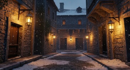 Snowy winter night in an old European town street