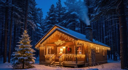 Cozy Winter Cabin Illuminated with Festive Christmas Lights