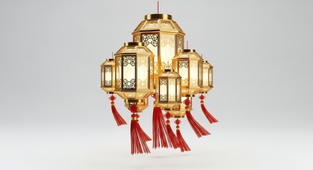 Illuminated Golden Chinese Lanterns with Red Tassels on White, Festive Cultural Decoration