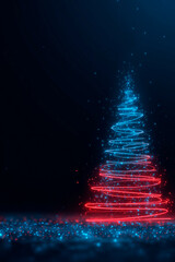 A glowing abstract Christmas tree formed by blue and red neon spirals, surrounded by sparkling particles on a dark background, creating a vibrant and festive holiday atmosphere.