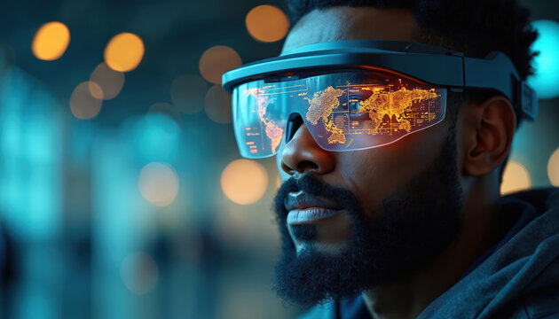 Man uses augmented reality glasses to view world map data. He analyzes global logistics and shipping networks. Futuristic tech helps worker manage business operations, future of trade. - Powered by Adobe