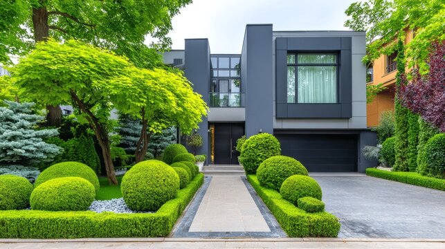 Modern gray house with manicured landscaping and a pathway leading to the front door.