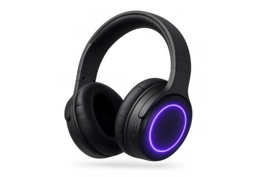 Black wireless gaming headphones with bright purple neon rgb light on transparent background, enjoying audio technology