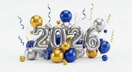 New Year 2026 Celebration with Metallic Silver Numbers, Blue & Gold Balloons