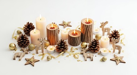 Elegant Christmas and Advent decoration with lit candles, pinecones, wooden deer, and golden ornaments