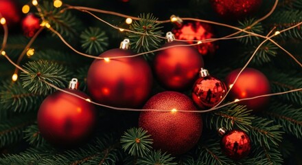 Elegant red Christmas ornaments nestled on fresh evergreen branches, illuminated with warm fairy lights for a festive holiday celebration and magical ambiance