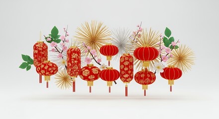 Lunar New Year celebration: Red lanterns, golden decorations, and pink blossoms