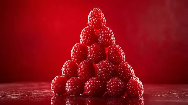 Ripe raspberries form a pyramid shape against a red background.