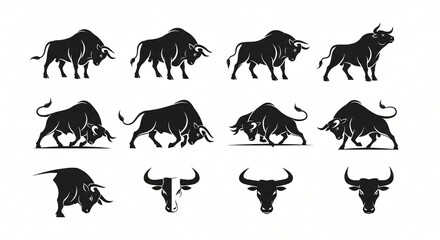 Collection of black bull and ox silhouettes in various dynamic poses and head profiles